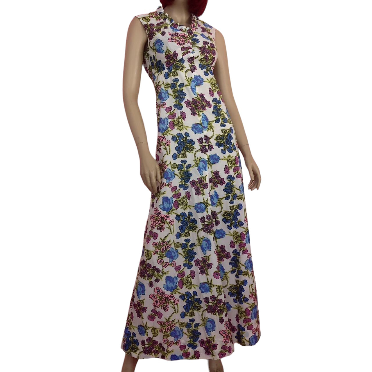 60's/70's White Floral Print Maxi Dress (S/M)