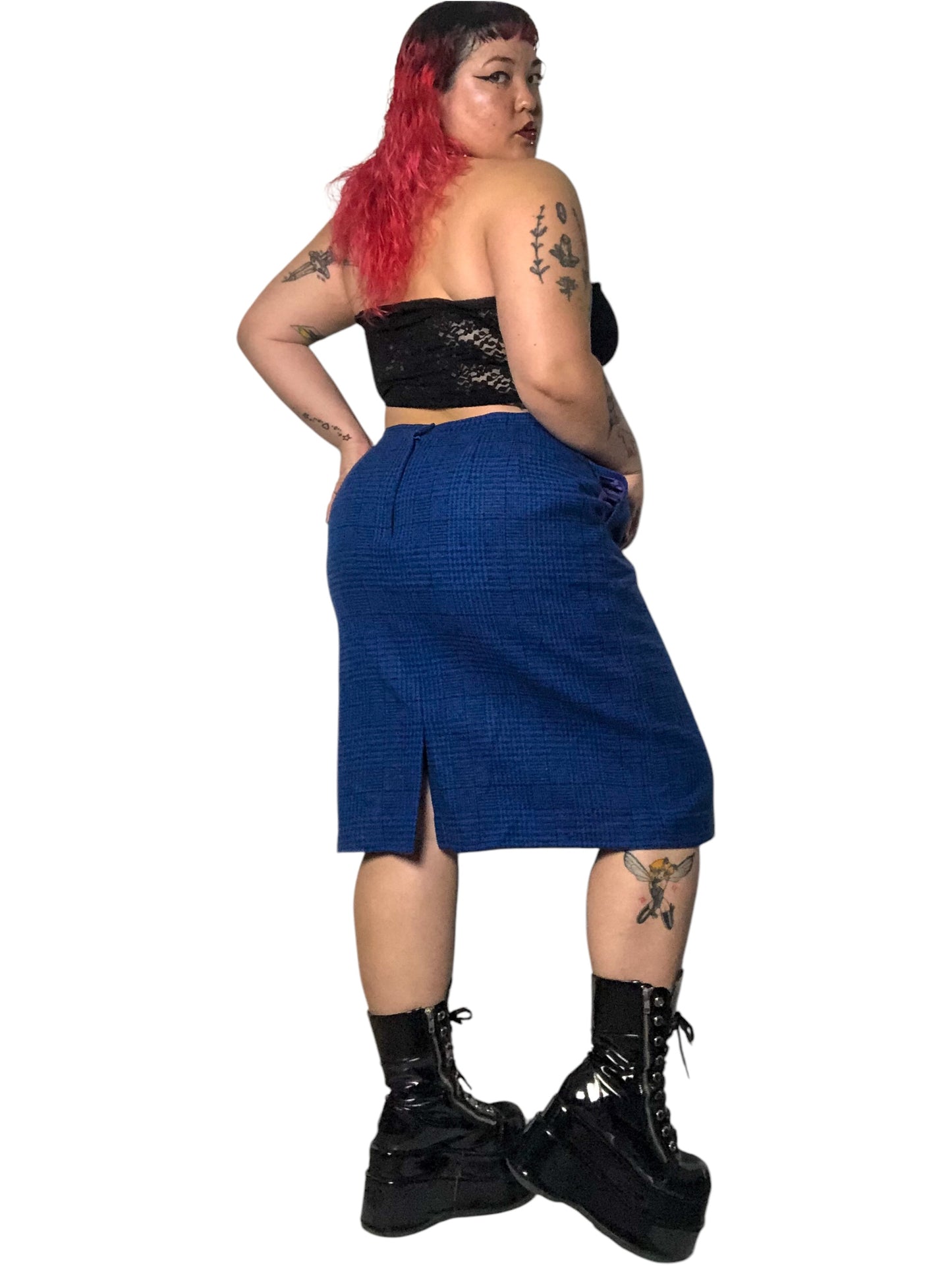 80’s Daniel Niveau Blue and Black Houndstooth Plaid Pencil Skirt (2X)