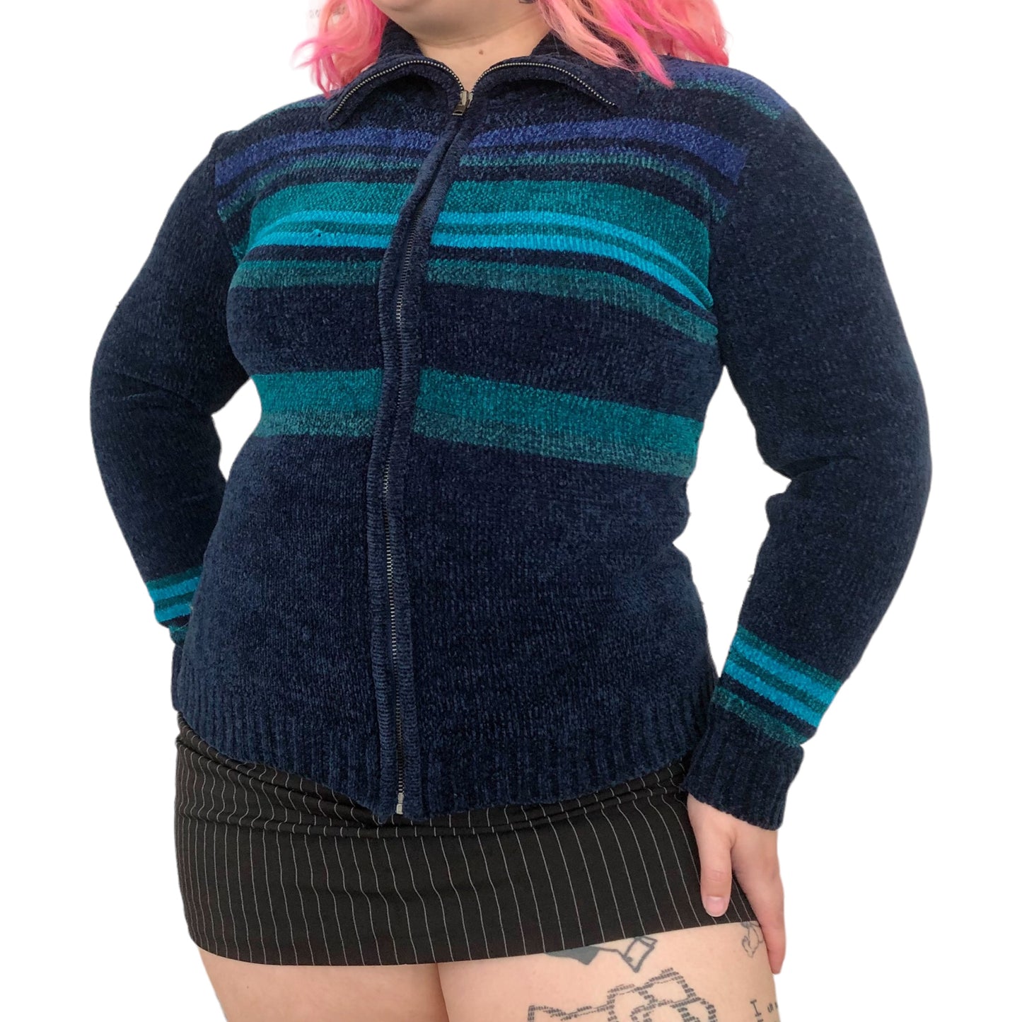 90’s/Y2K Navy Blue Striped Chenille Knit Cardigan Sweater (L)