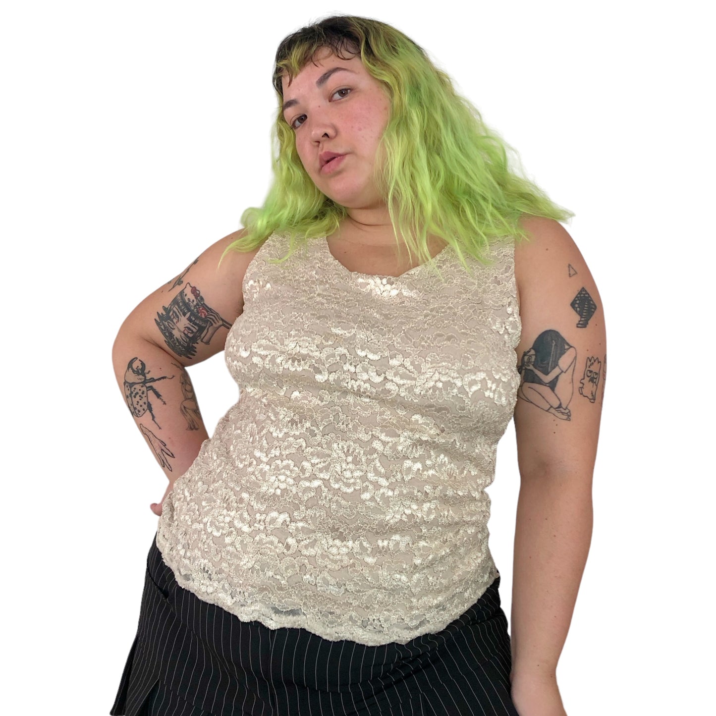 Y2K JM Collection Cream Floral Lace Tank Top (XL)