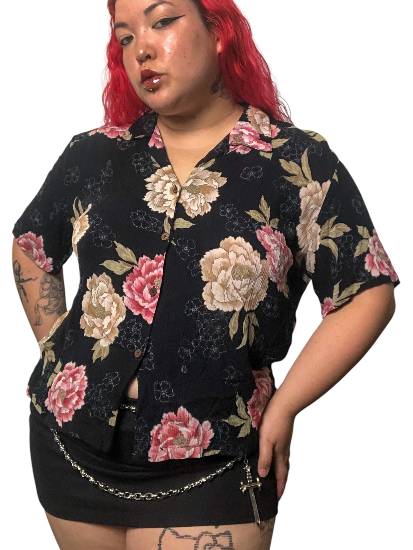 90’s Bishop St. Black Floral Print Button Down Shirt (2X)
