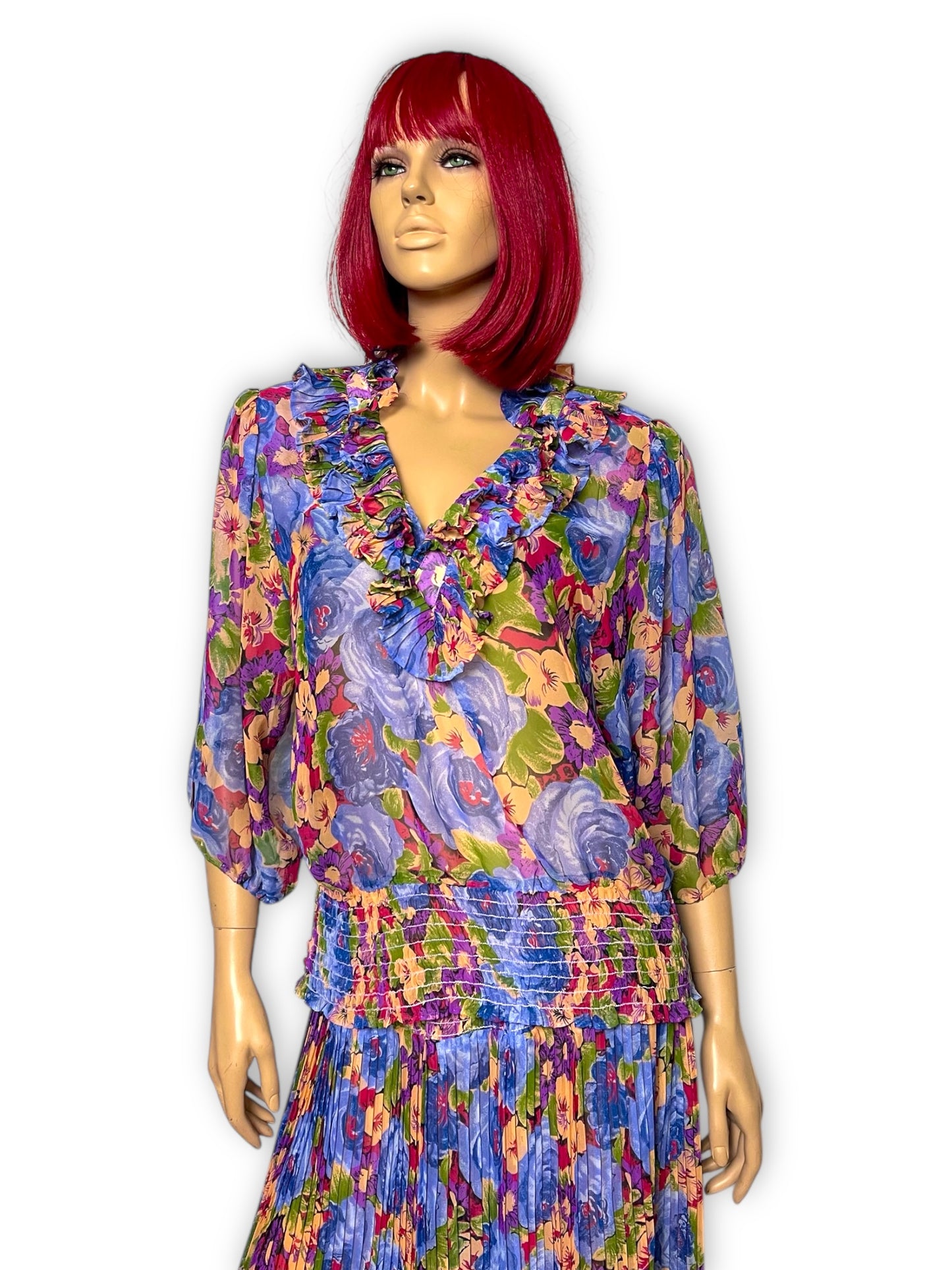 Vintage Sheer Blue Floral 2-Piece Set (L/XL/2X)