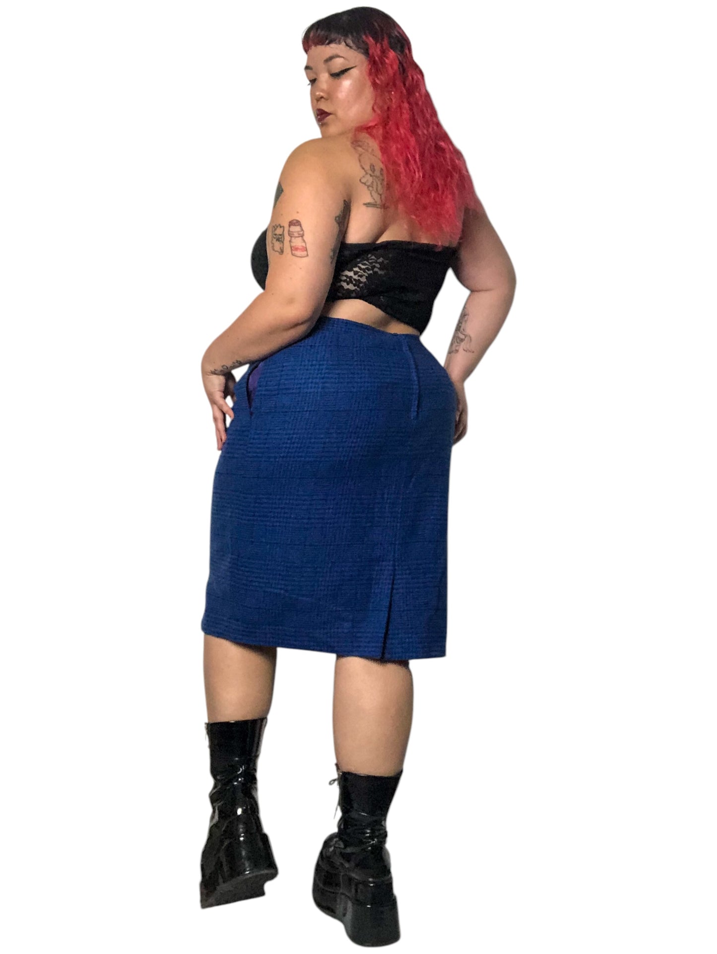 80’s Daniel Niveau Blue and Black Houndstooth Plaid Pencil Skirt (2X)
