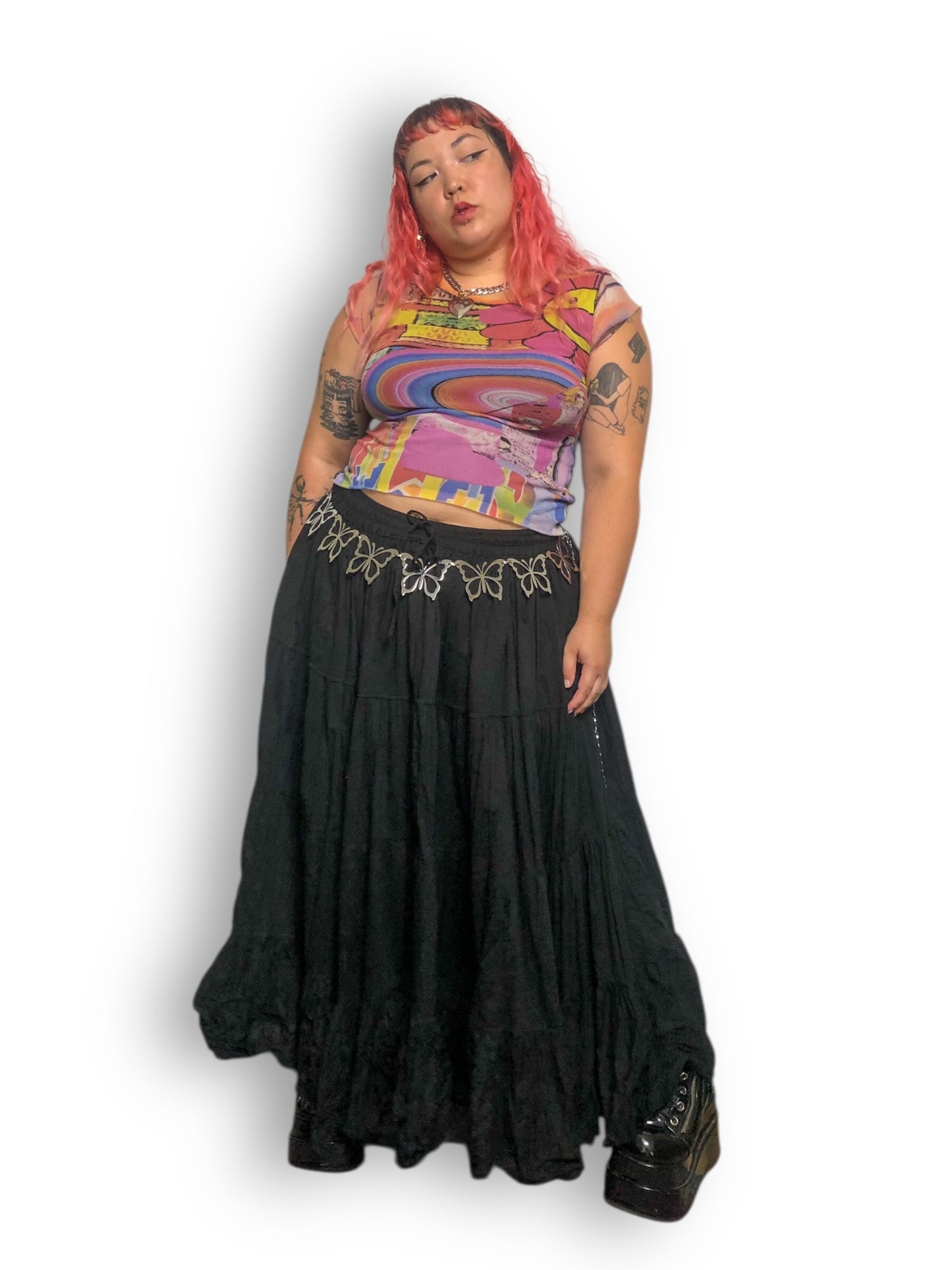 90’s/Y2K Wevez Black Ruffle Tiered Maxi Skirt (OSFM)