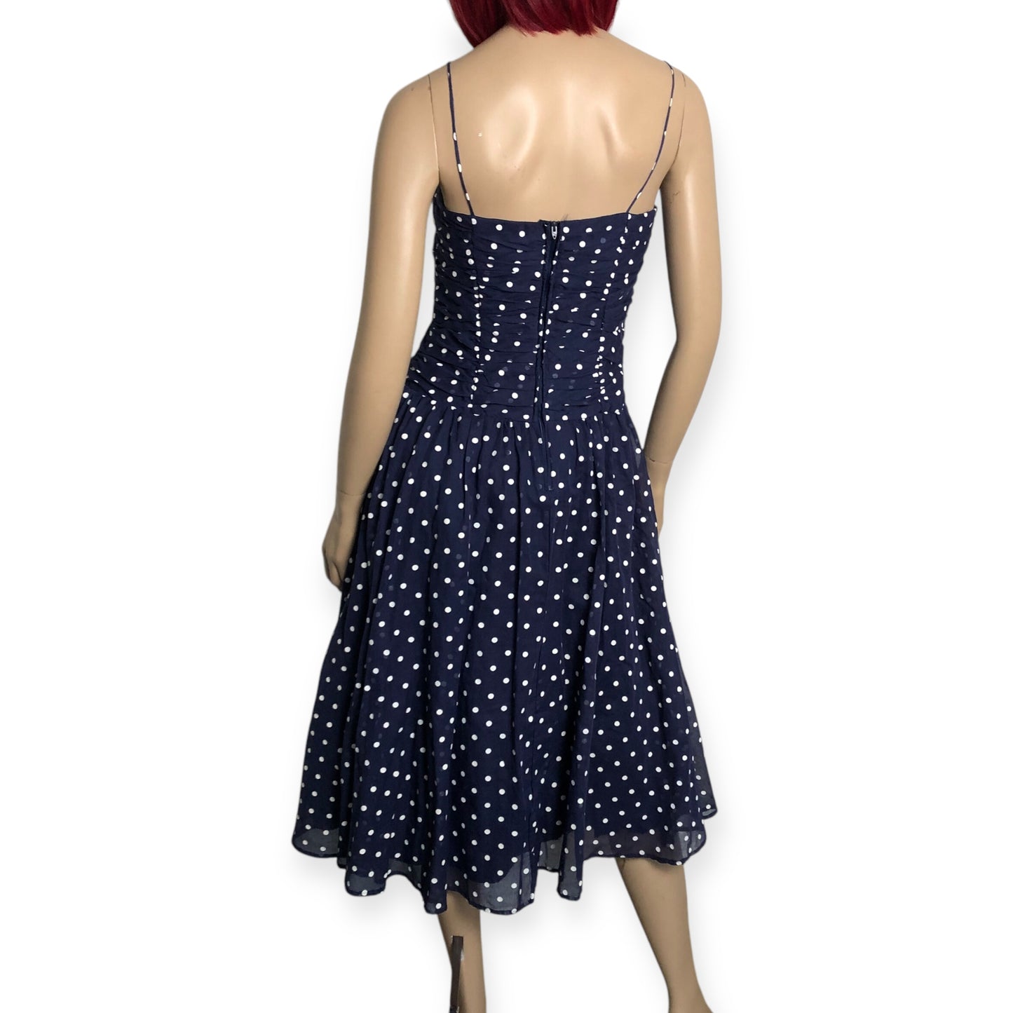 80’s Act I Navy Blue Polka Dot Chiffon Dress (XXS)