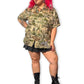 90’s Anna and Frank Tan and Green Safari Print Blouse (2X/3X)