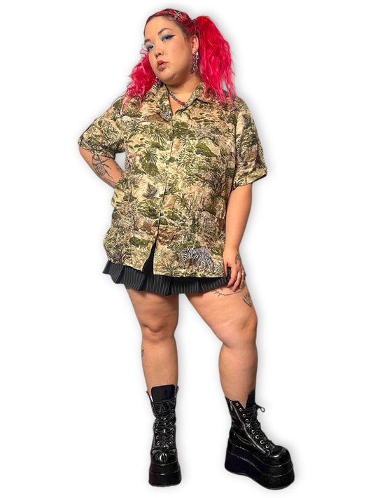 90’s Anna and Frank Tan and Green Safari Print Blouse (2X/3X)