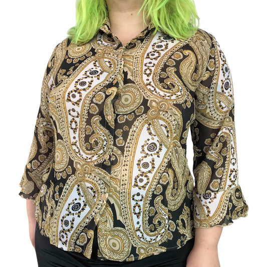 Y2K Essentials by Milano Black and Gold Paisley Print Blouse (XL)