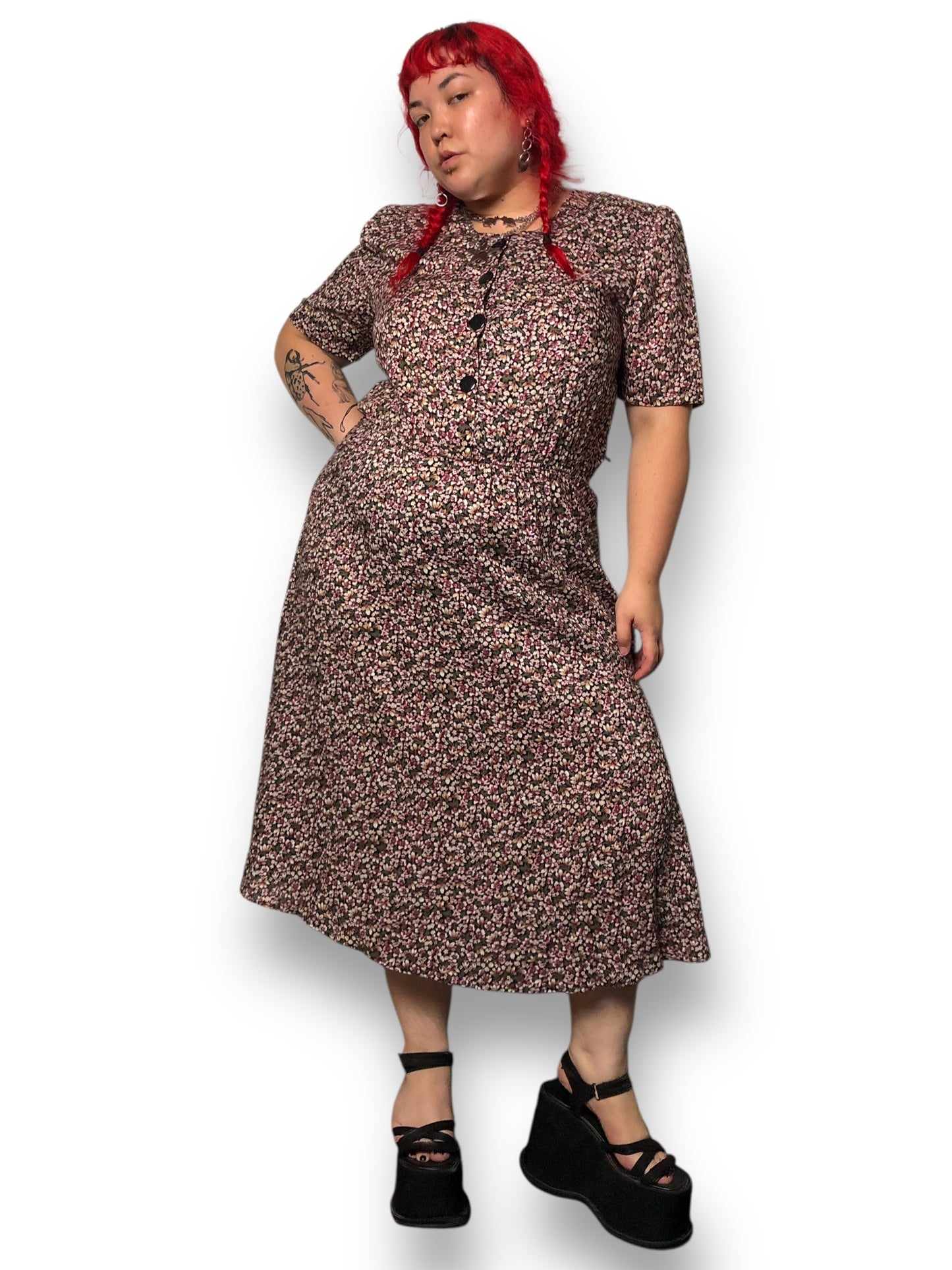 80’s Ms. Basia California Purple Floral Print A-Line Dress (XL)
