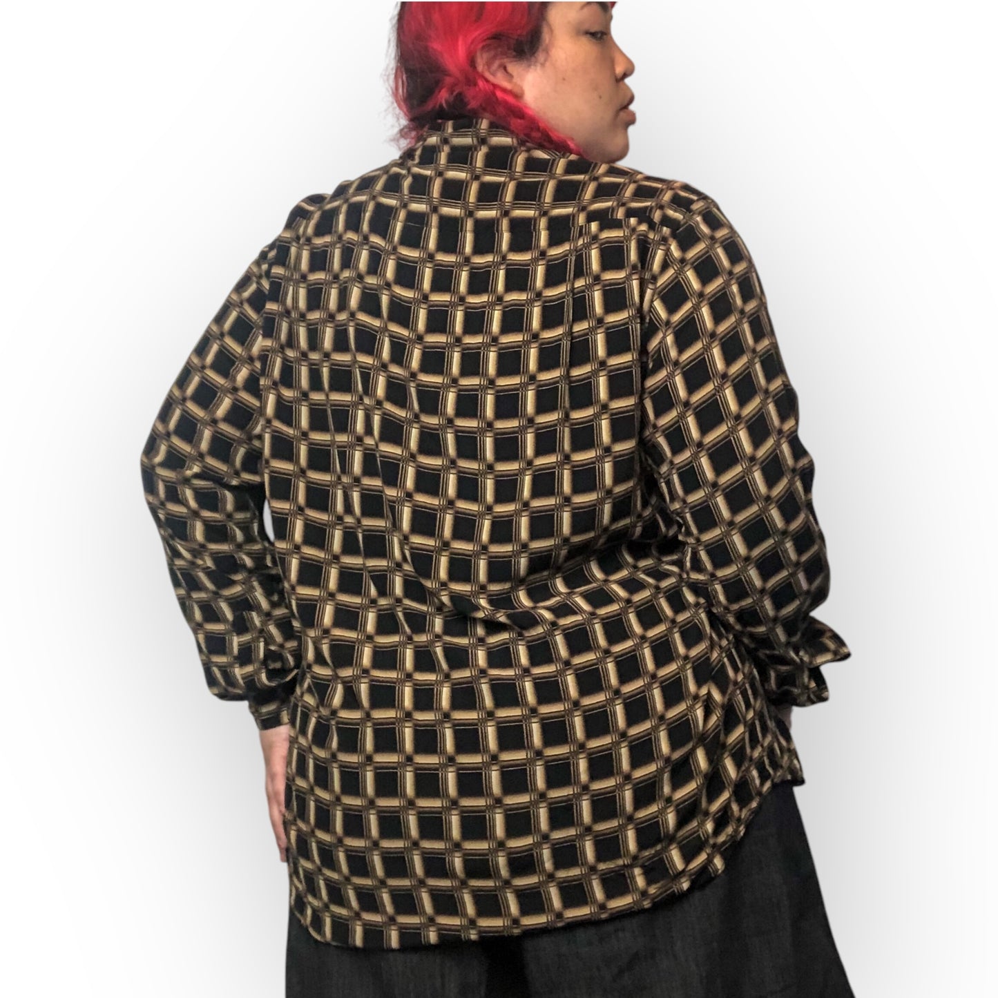 90’s/Y2K Claiborne Black and Brown Retro Grid Print Button Down Shirt (XL/2X)