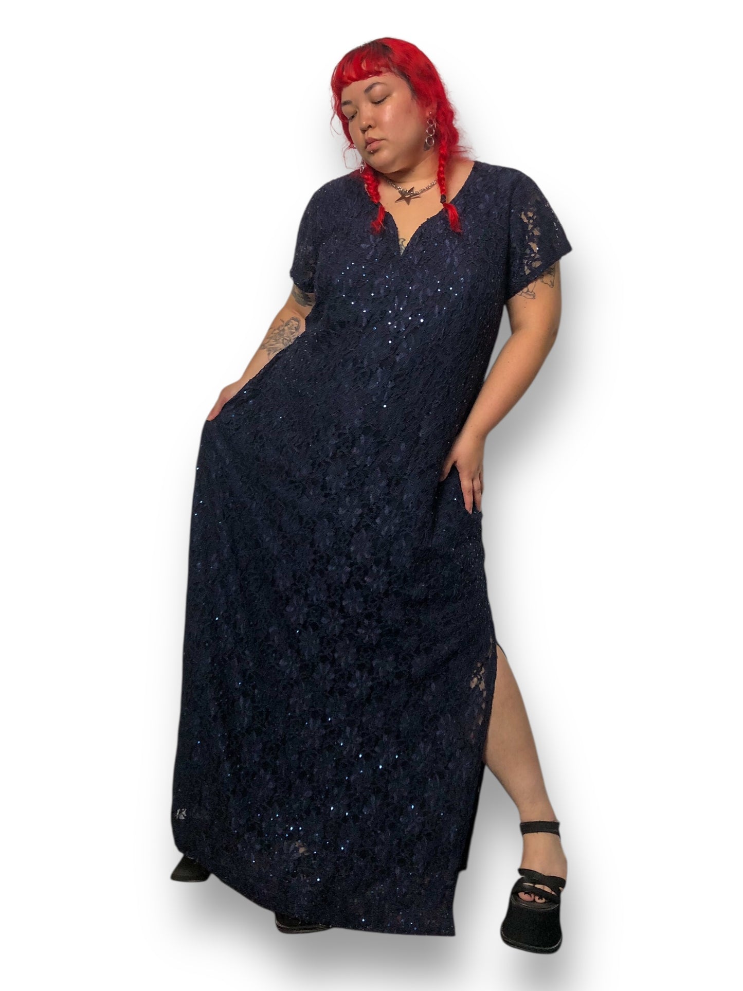 Y2K Connected Navy Blue Floral Lace Evening Dress (3X)