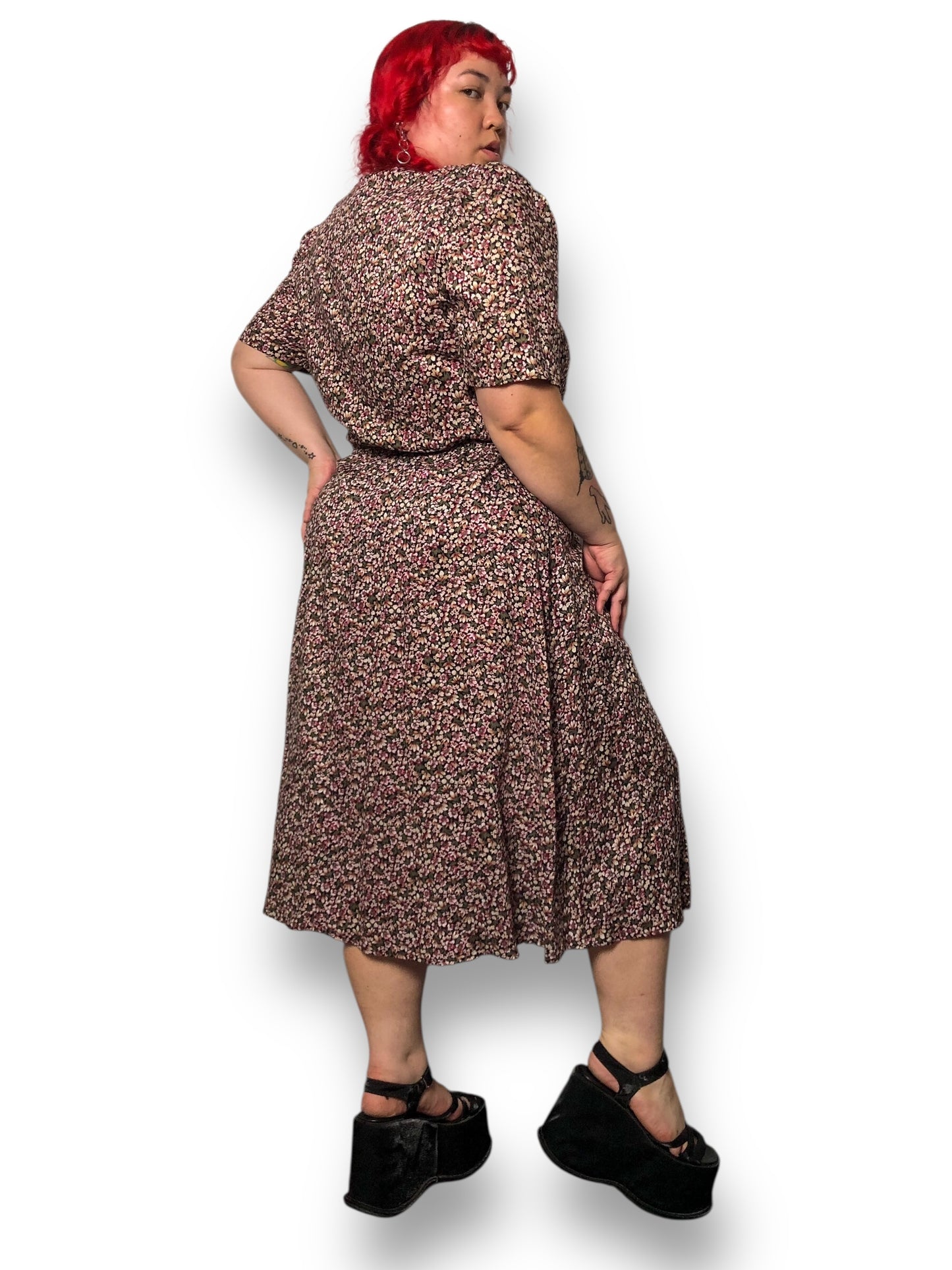 80’s Ms. Basia California Purple Floral Print A-Line Dress (XL)