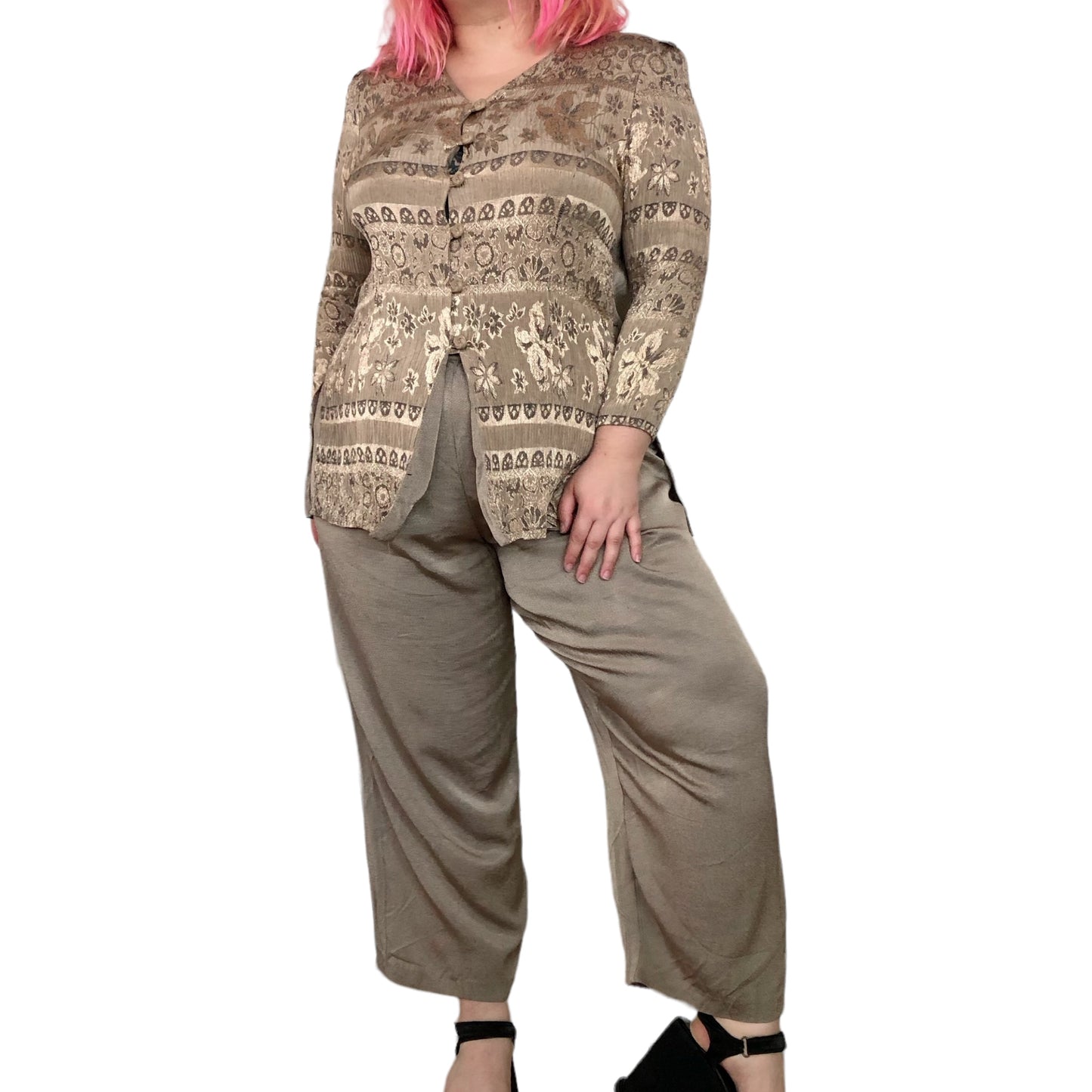 80’s/90’s Maren Gold Floral Blouse + Pant Set (2X/3X)