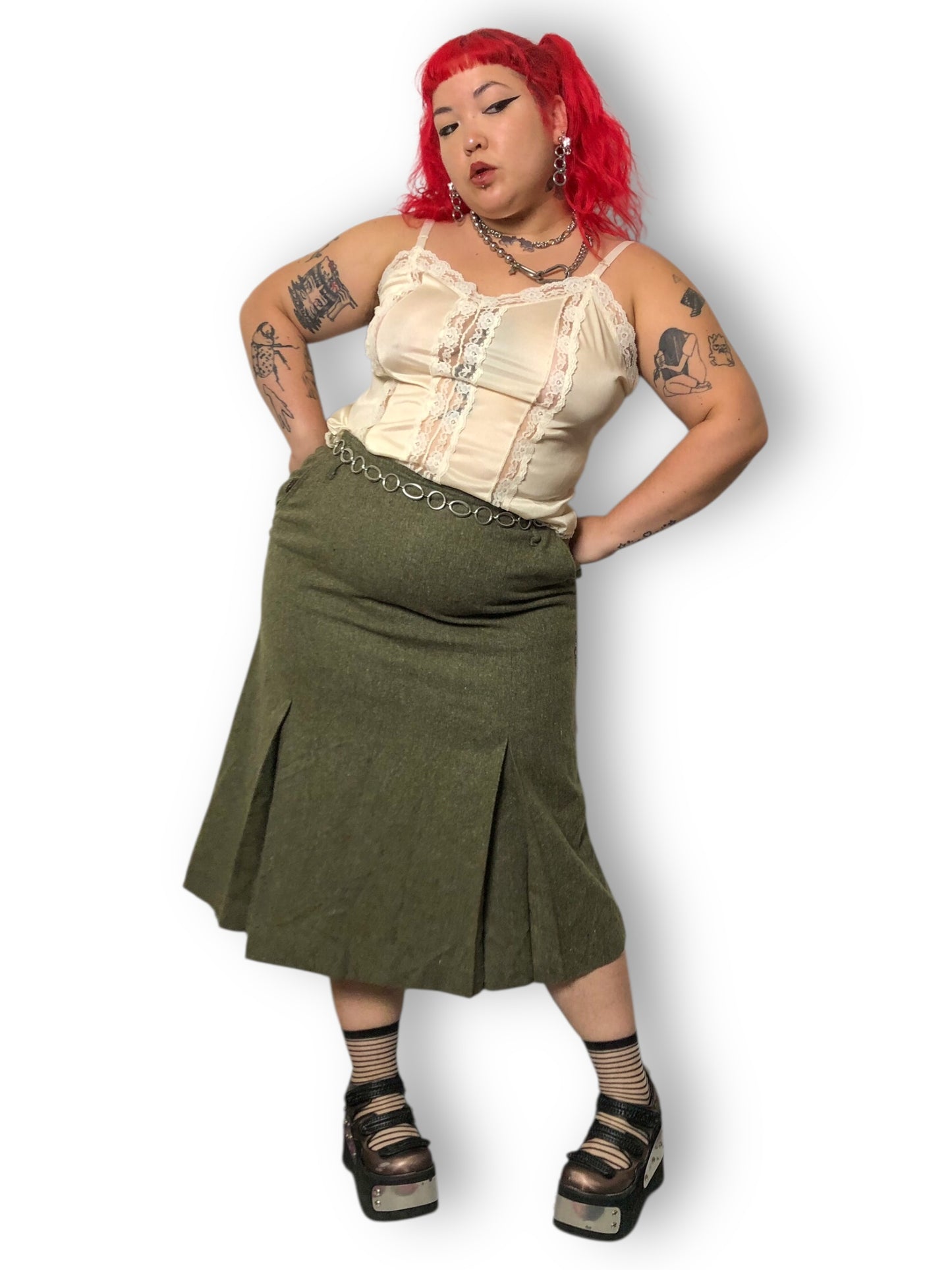 90’s Together! Olive Green Knit Pleated Skirt (2X)