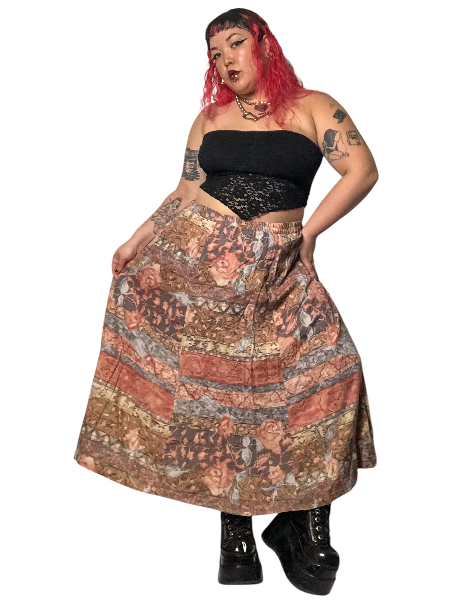 90’s August Max Woman Pink and Khaki Floral Print Skirt (2X)