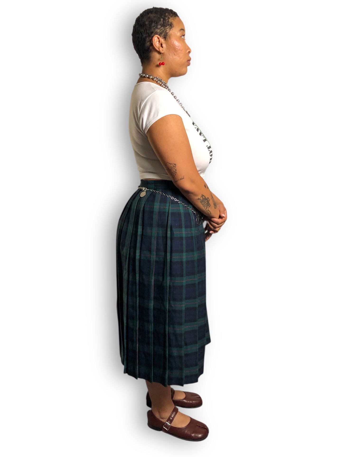 80’s Requirements Green Tartan Plaid Pleated Midi Skirt (XL)