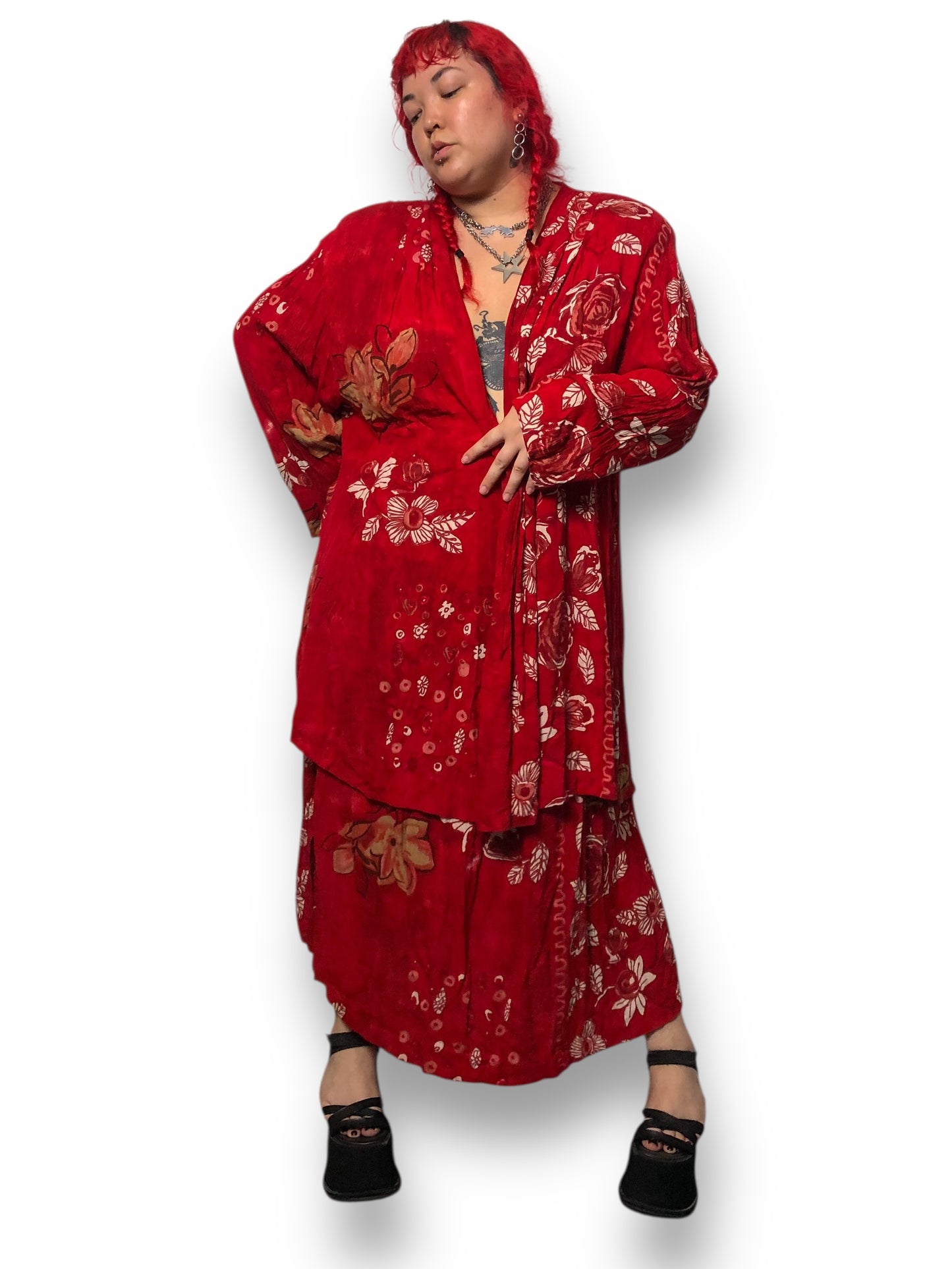90’s August Max Woman Red Floral Print 2-Piece Set (2X)
