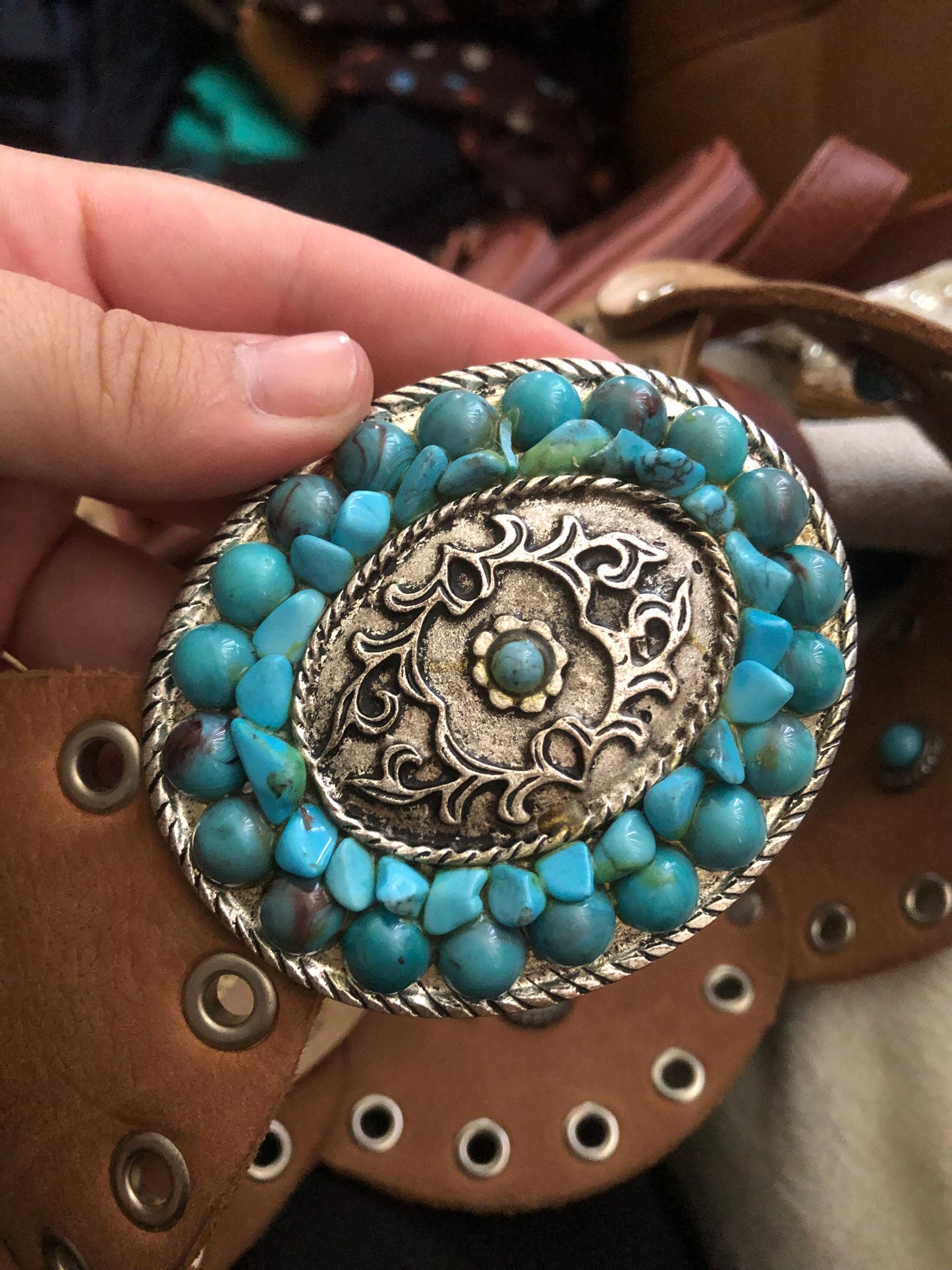 Vintage Tan Leather Medallion Belt (M/L)