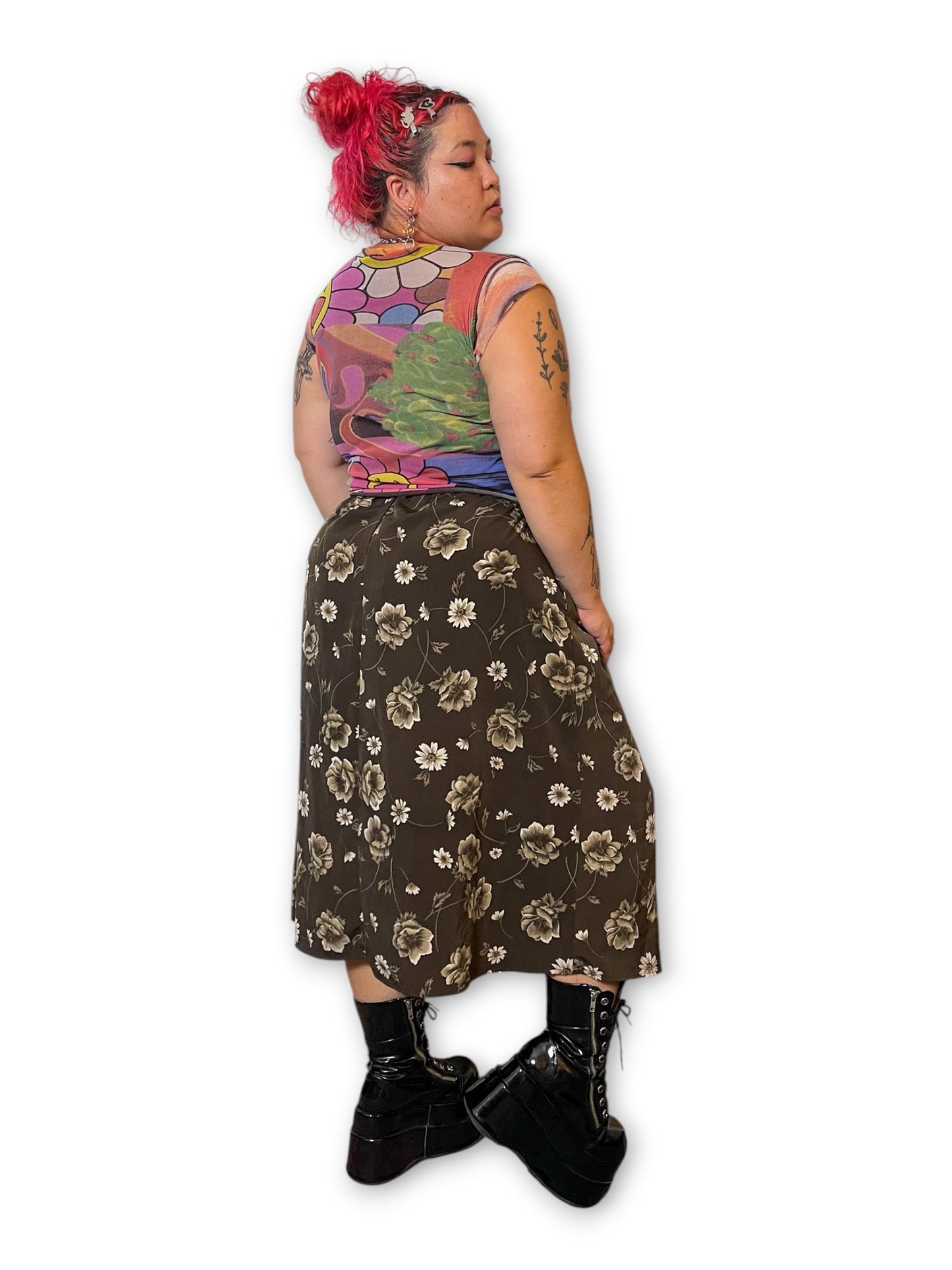90’s Brown Floral Print Skirt (L/XL/1X)