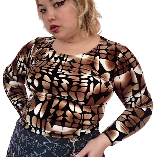 90's Maine Fashion Brown and Black Retro Velvet Top (M)