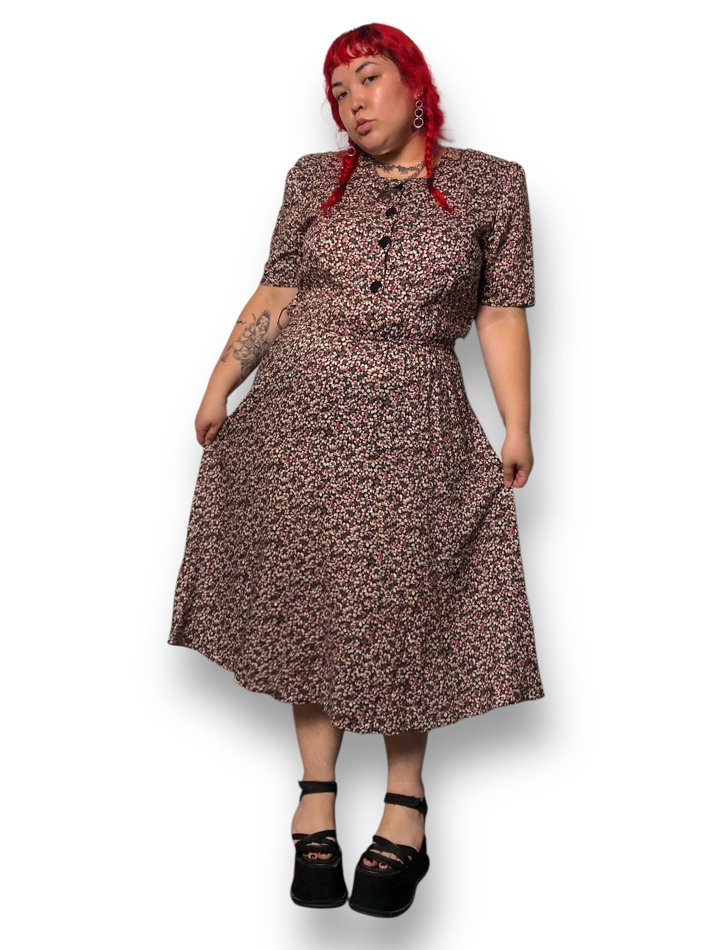 80’s Ms. Basia California Purple Floral Print A-Line Dress (XL)