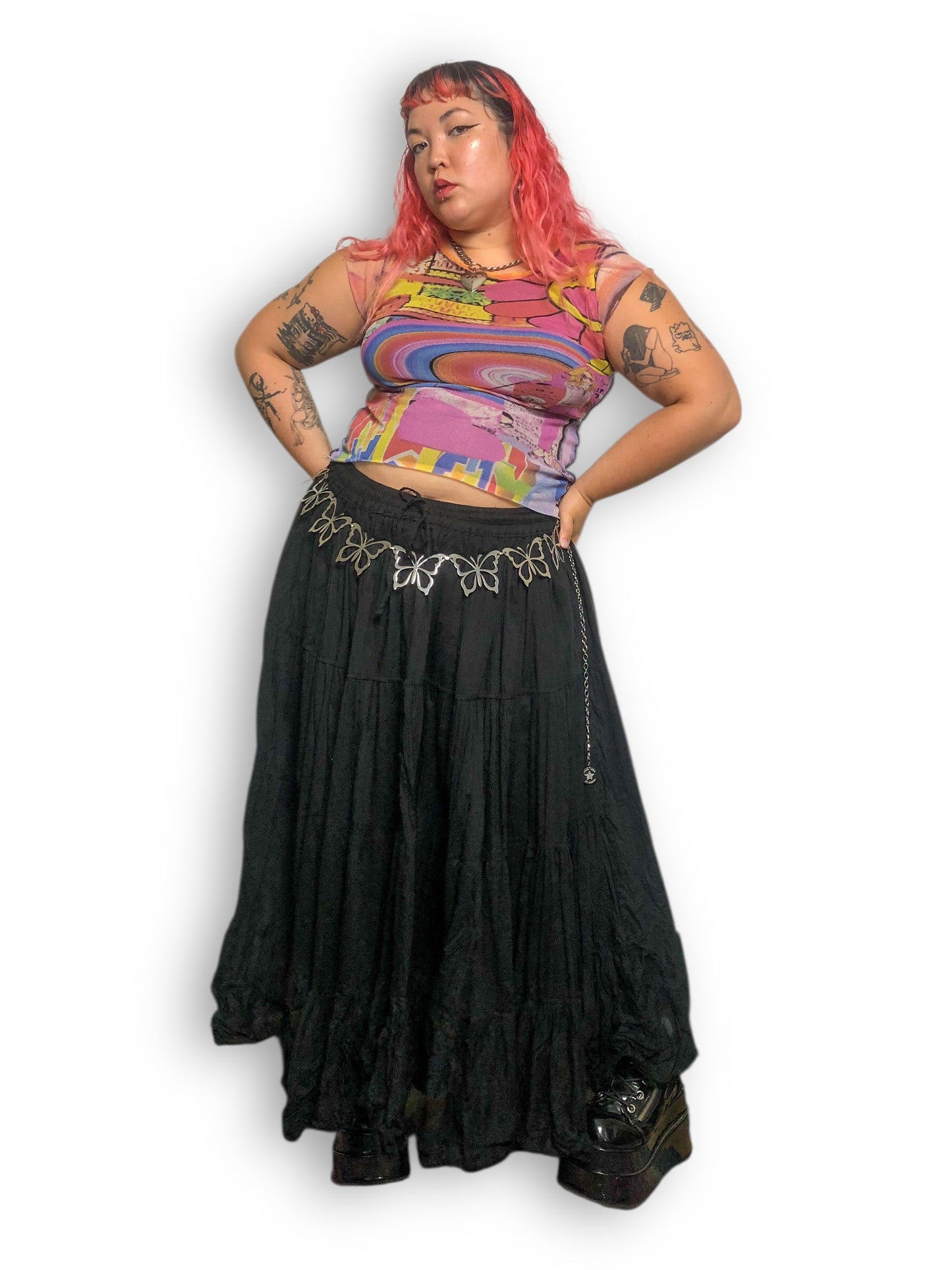 90’s/Y2K Wevez Black Ruffle Tiered Maxi Skirt (OSFM)