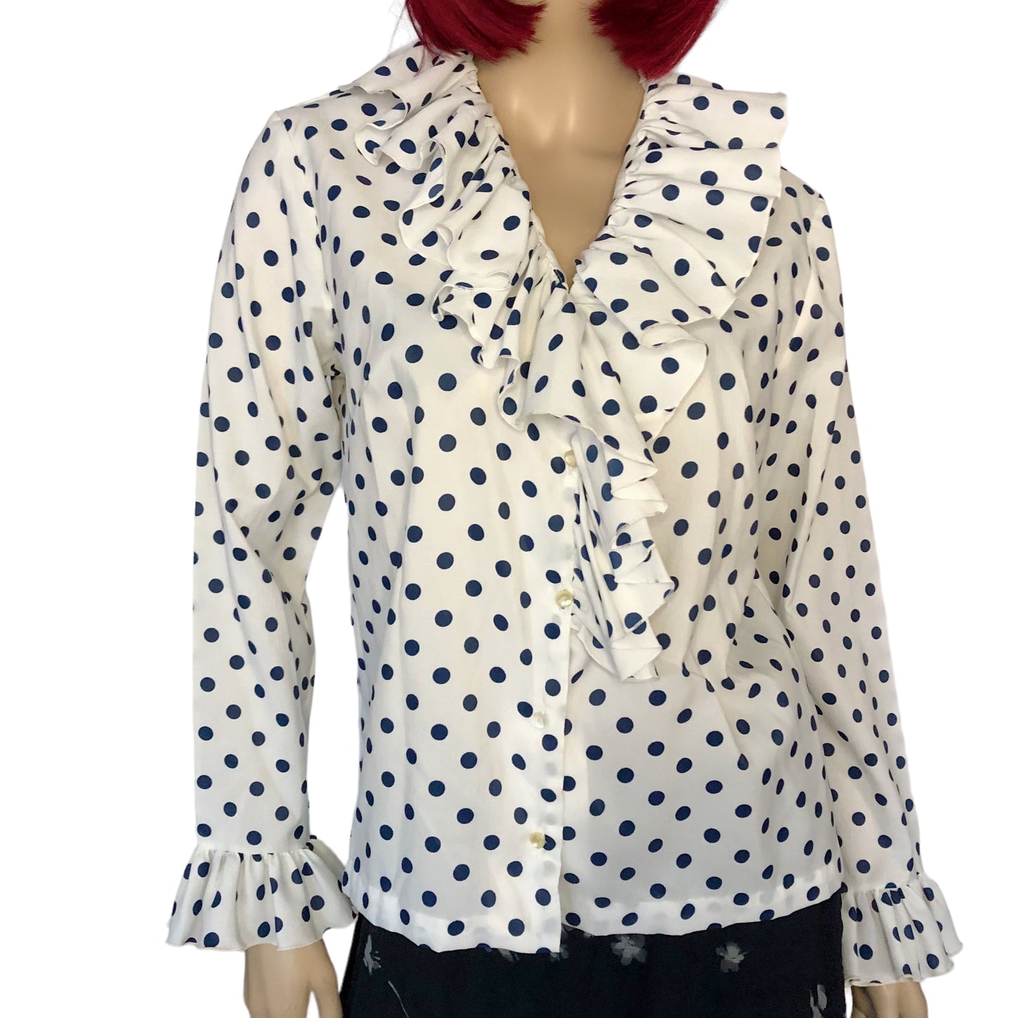 70’s Rhoda Lee White and Navy Blue Polka Dot Retro Blouse (L)