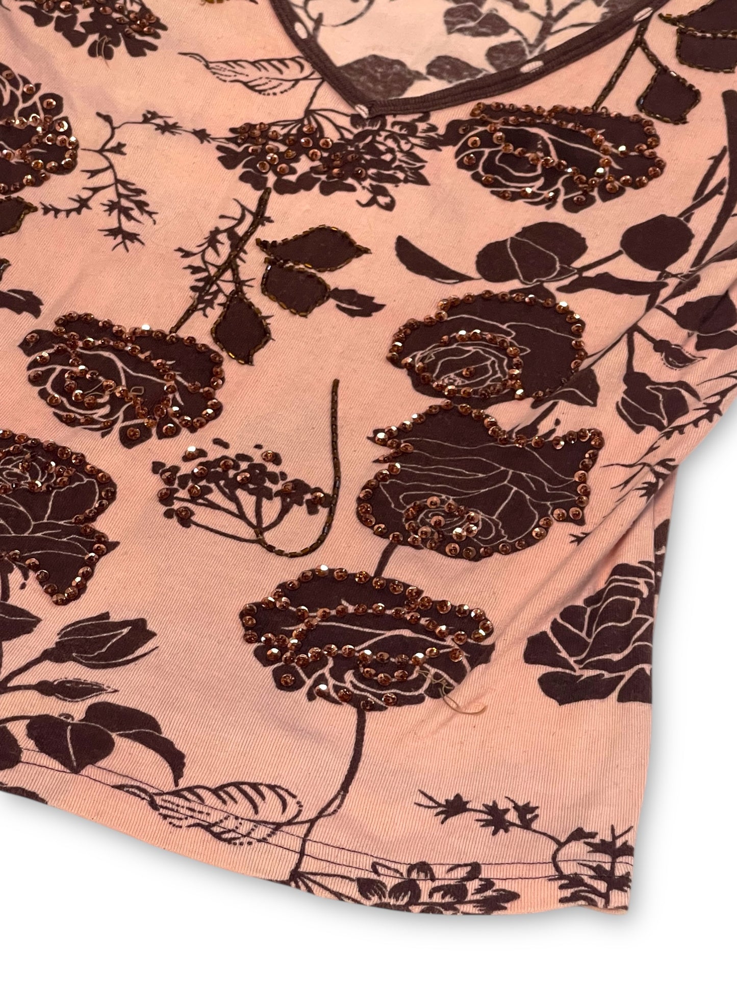 Y2K Pink and Brown Floral Print Top (S/M)