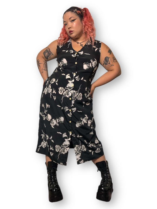 90’s/Y2K Lucy Black and White Floral Print Maxi Dress (XL)