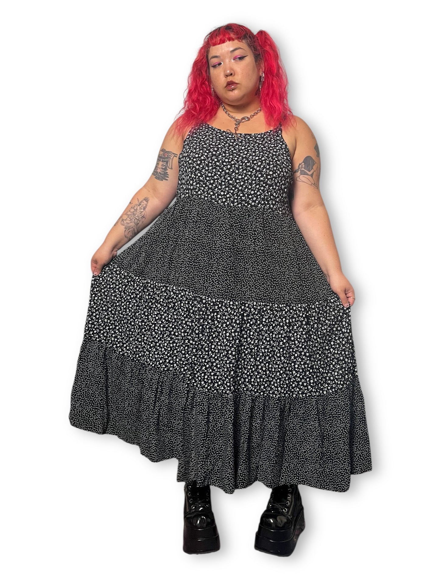 90’s Polka Dot Floral Tiered Maxi Dress (3X)