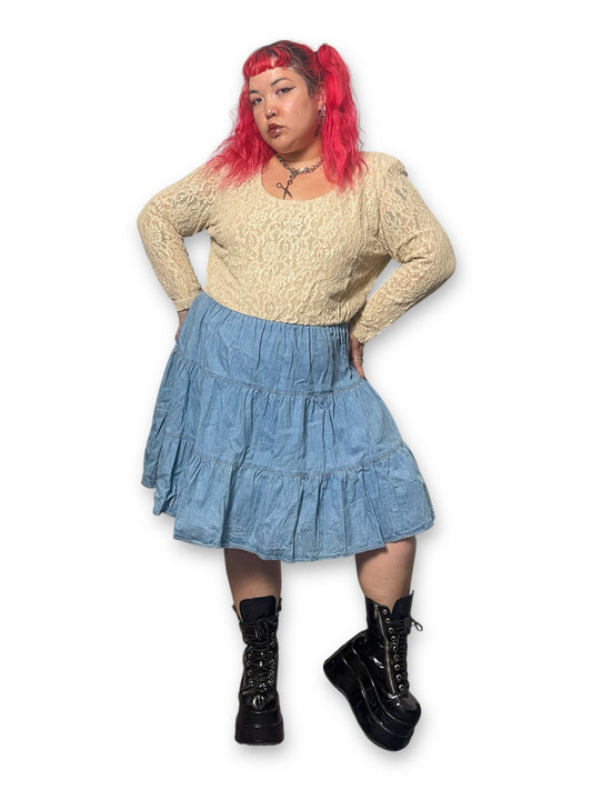 80’s/90’s Prairie Lace Denim Tiered Dress (3X)