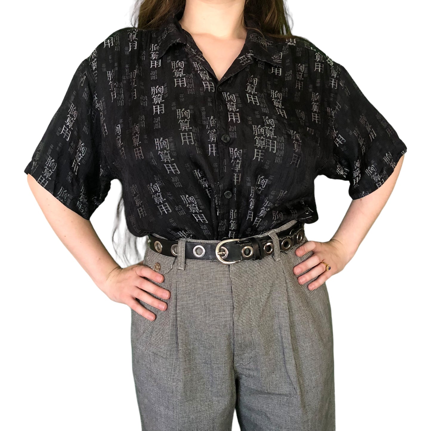 90’s Odo Black and Silver Button Down Shirt (M)