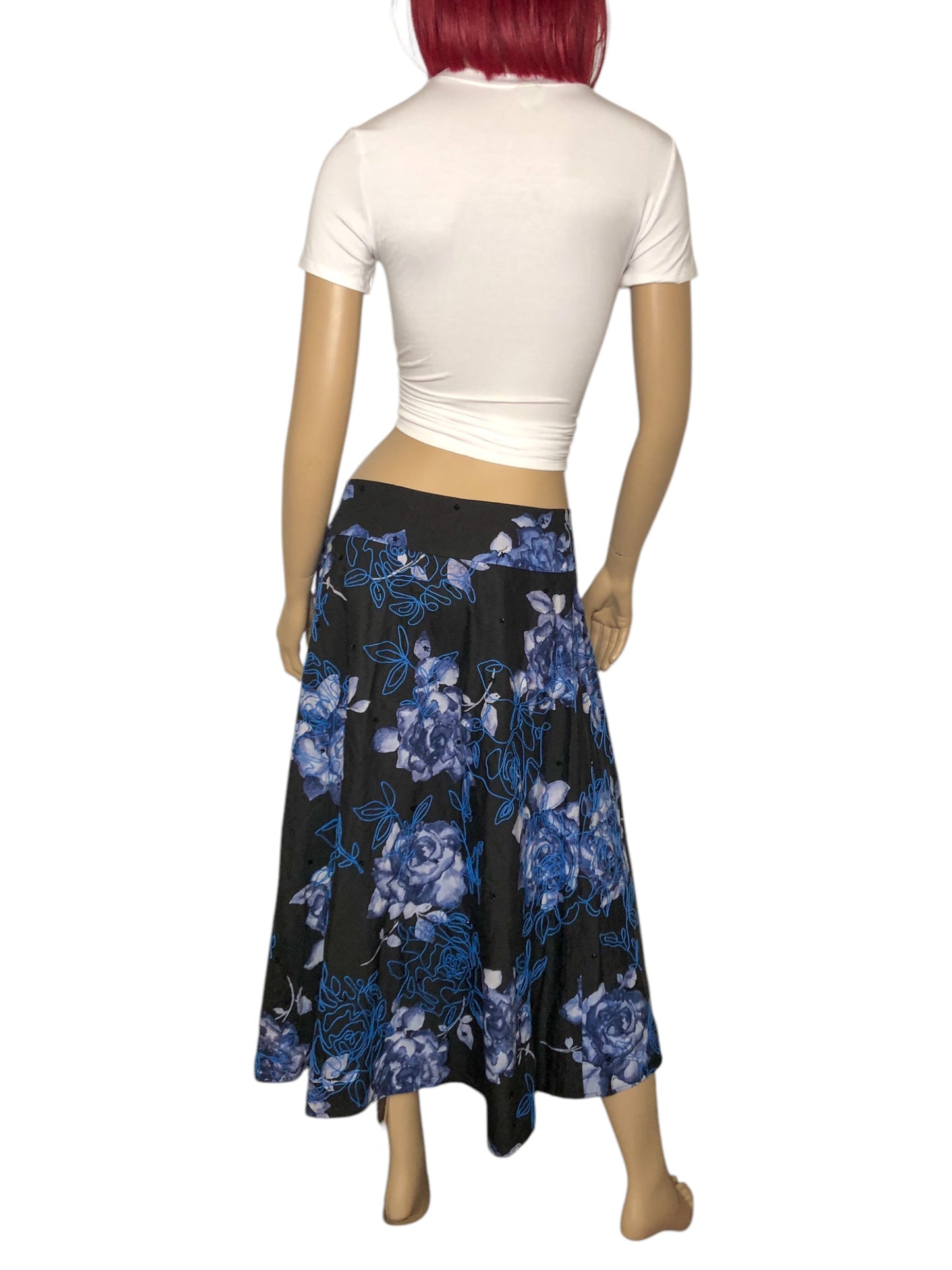 90’s/Y2K Grace Elements Black and Blue Floral Watercolor A-Line Skirt (M)