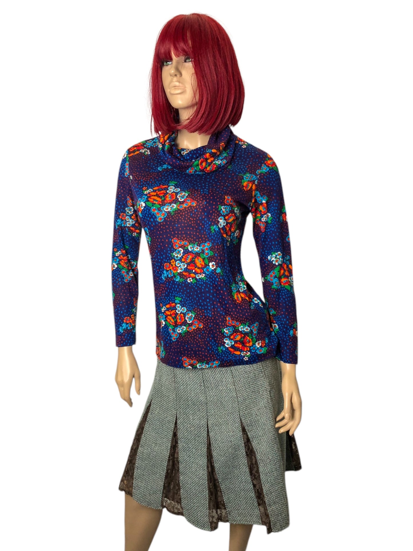 60’s The May Company Blue Floral Retro Turtleneck (S)