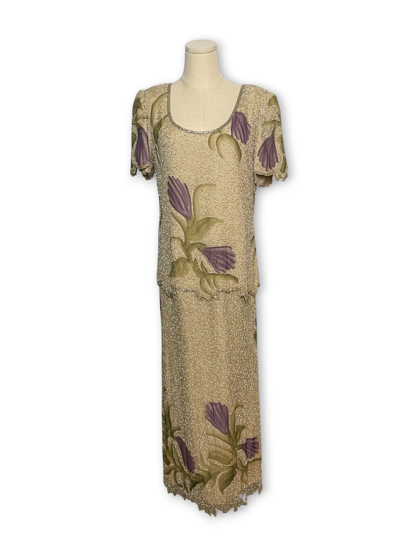 90’s Floral Silk Beaded Layered Dress (M)