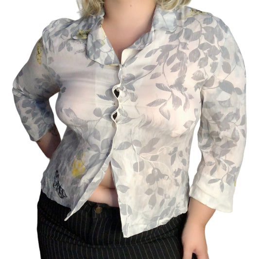 90's Mureli Gray Leafy Butterfly Print Blouse (XL)