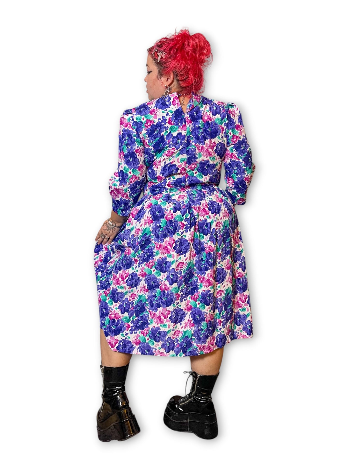 80’s Retro Floral Pleated Dress (1X/2X)