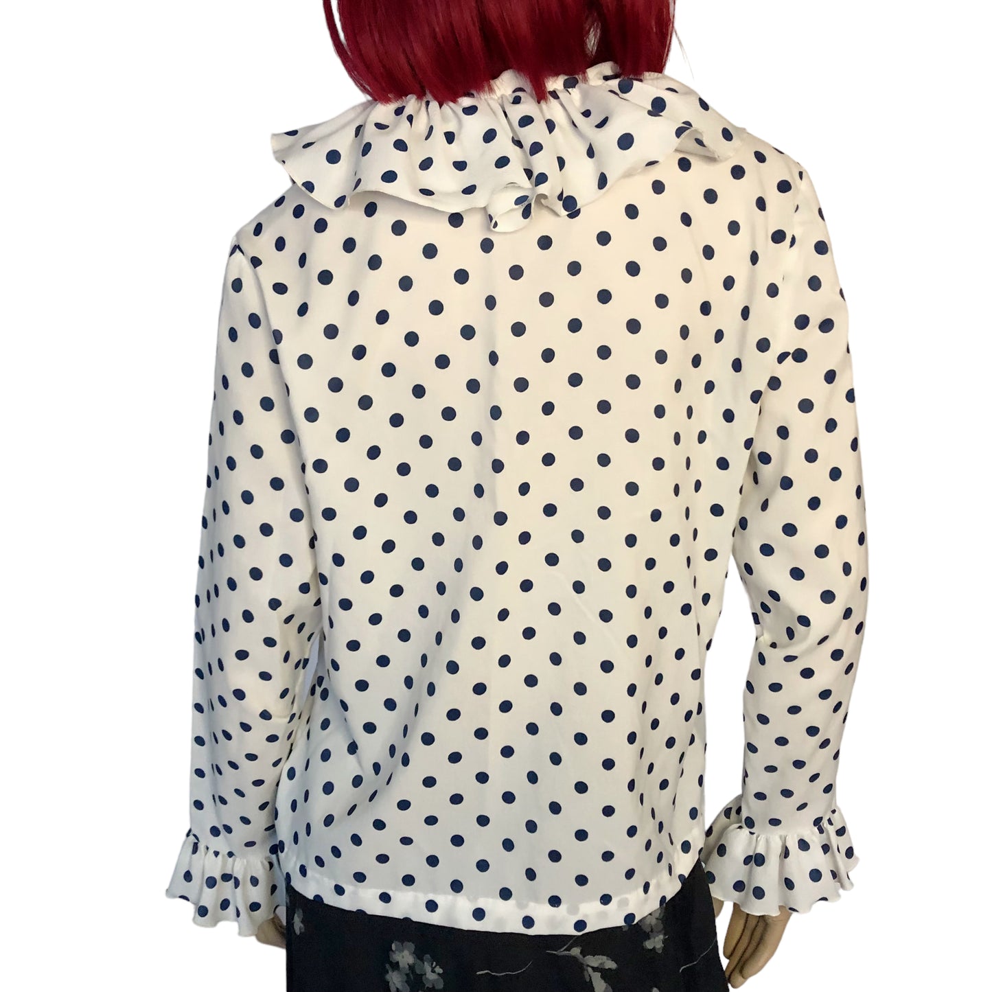 70’s Rhoda Lee White and Navy Blue Polka Dot Retro Blouse (L)