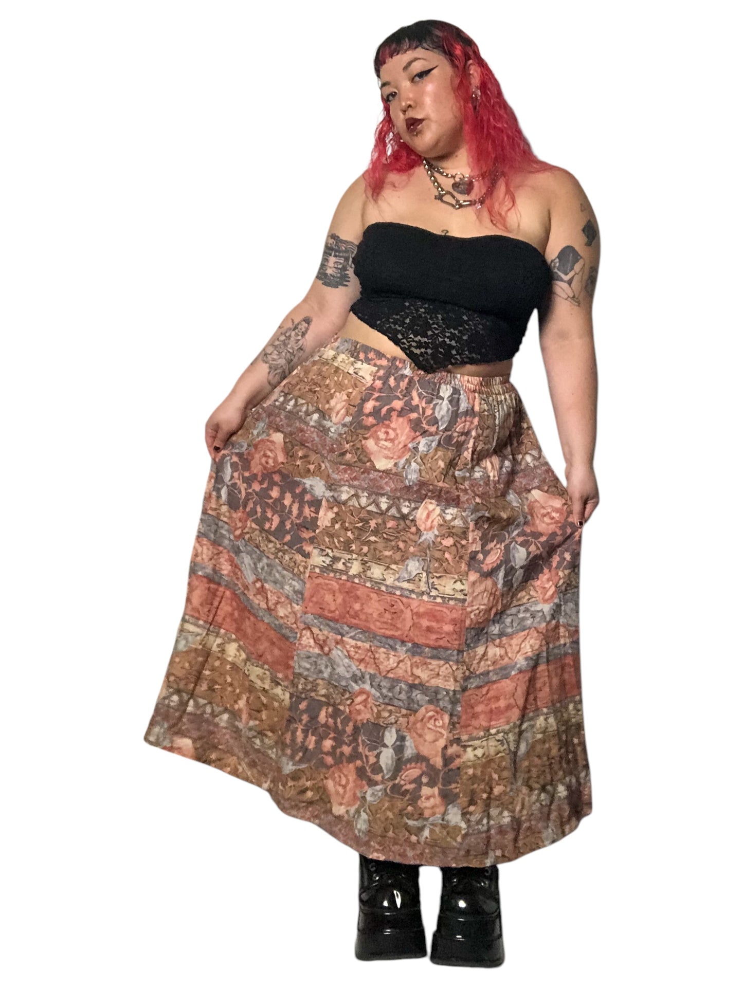 90’s August Max Woman Pink and Khaki Floral Print Skirt (2X)