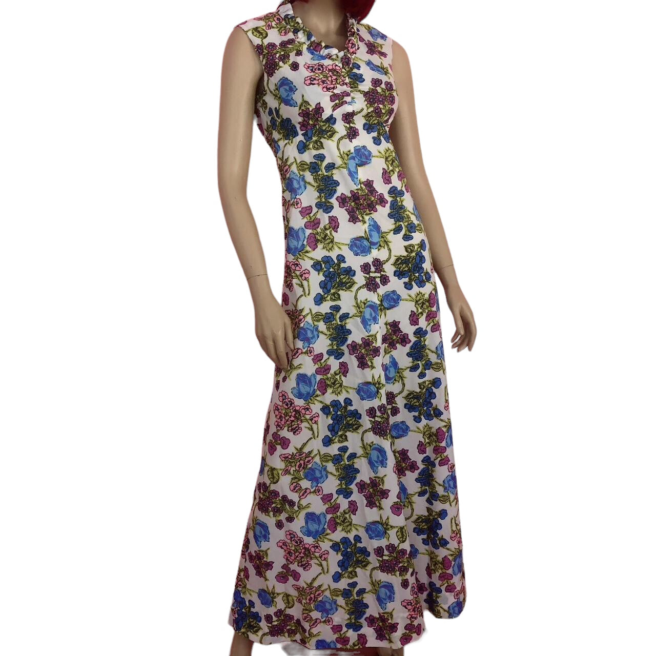 60's/70's White Floral Print Maxi Dress (S/M)