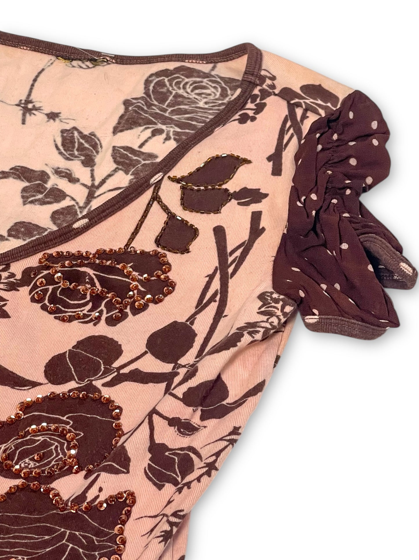 Y2K Pink and Brown Floral Print Top (S/M)