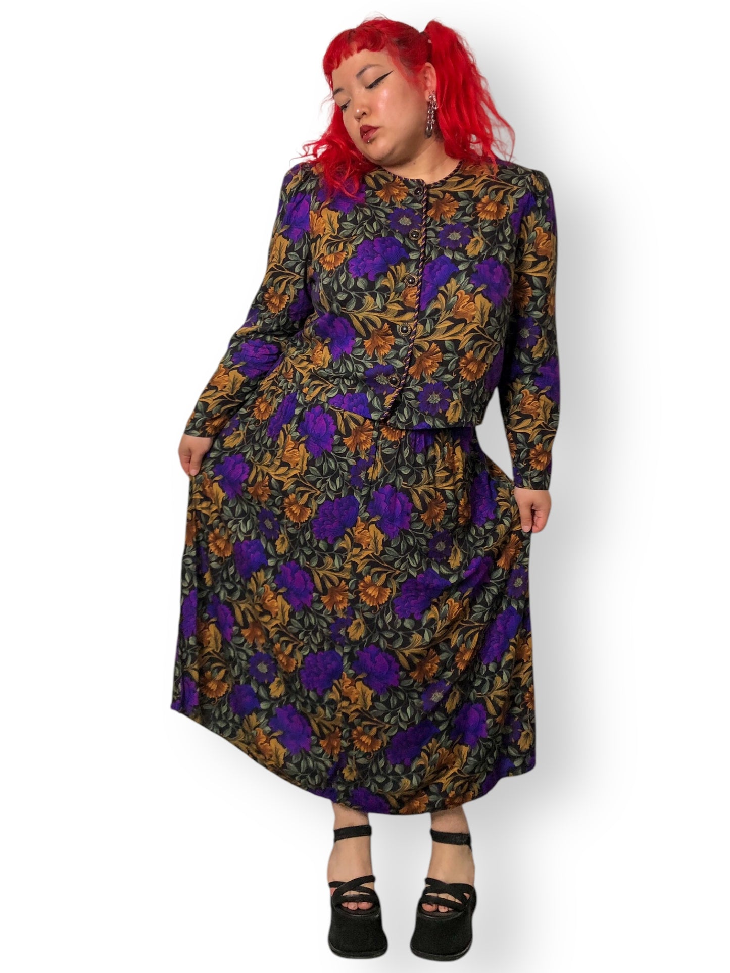 80’s Jessica Howard by Mitchell Rodbell Black Floral Print 2-Piece Set (2X)