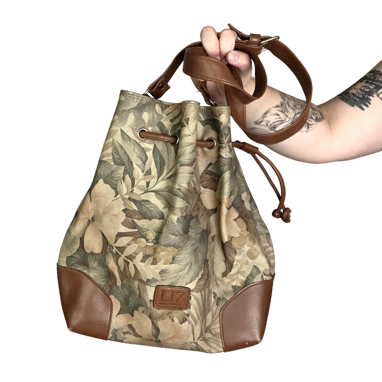 80’s/90’s Liz Claiborne Khaki Floral Print Bucket Bag