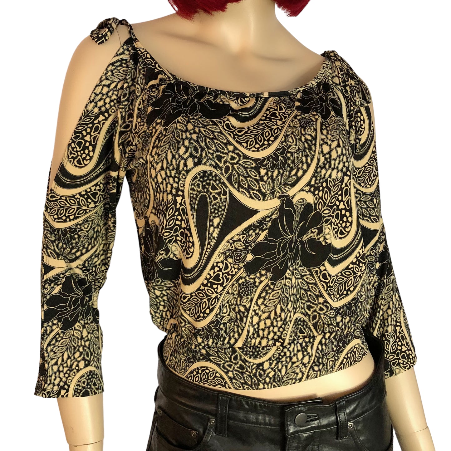 90’s Hot Papara Black and Tan Floral Paisley Print Long Sleeve Top (M)