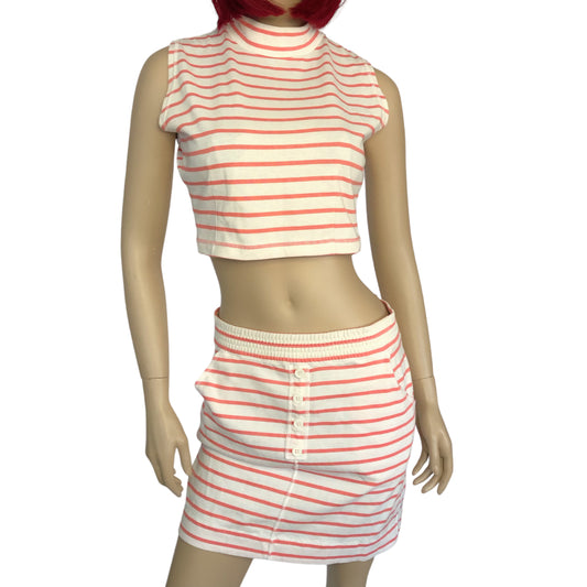 80’s Genesis White and Salmon Pink Striped Tank & Mini Skirt 2-Piece Set (M/L)