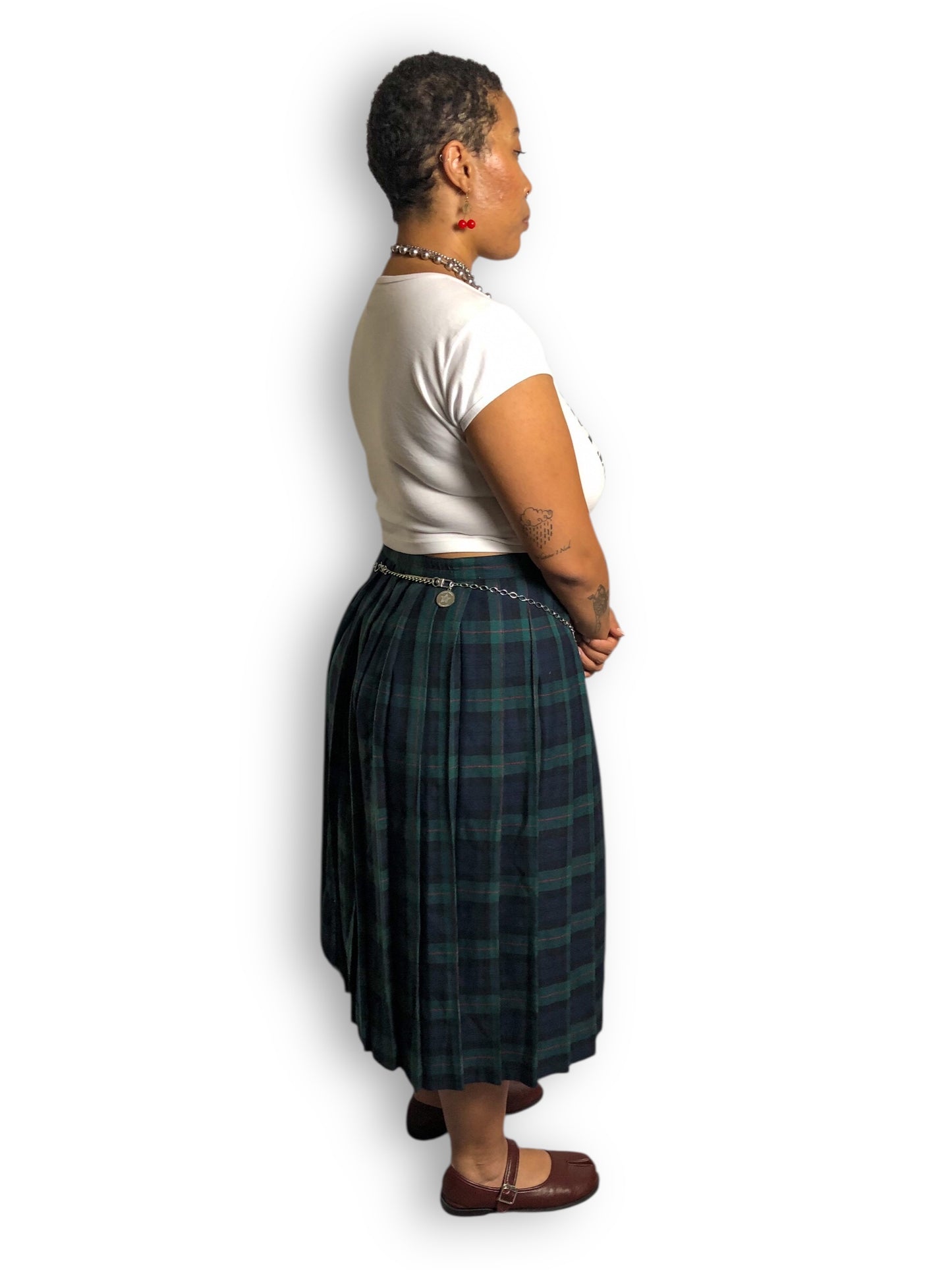 80’s Requirements Green Tartan Plaid Pleated Midi Skirt (XL)