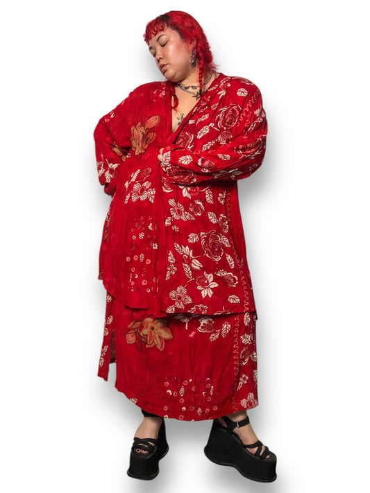 90’s August Max Woman Red Floral Print 2-Piece Set (2X)