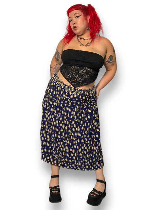 70’s/80’s Navy Blue Patterned Pleated Skirt (2X/3X)