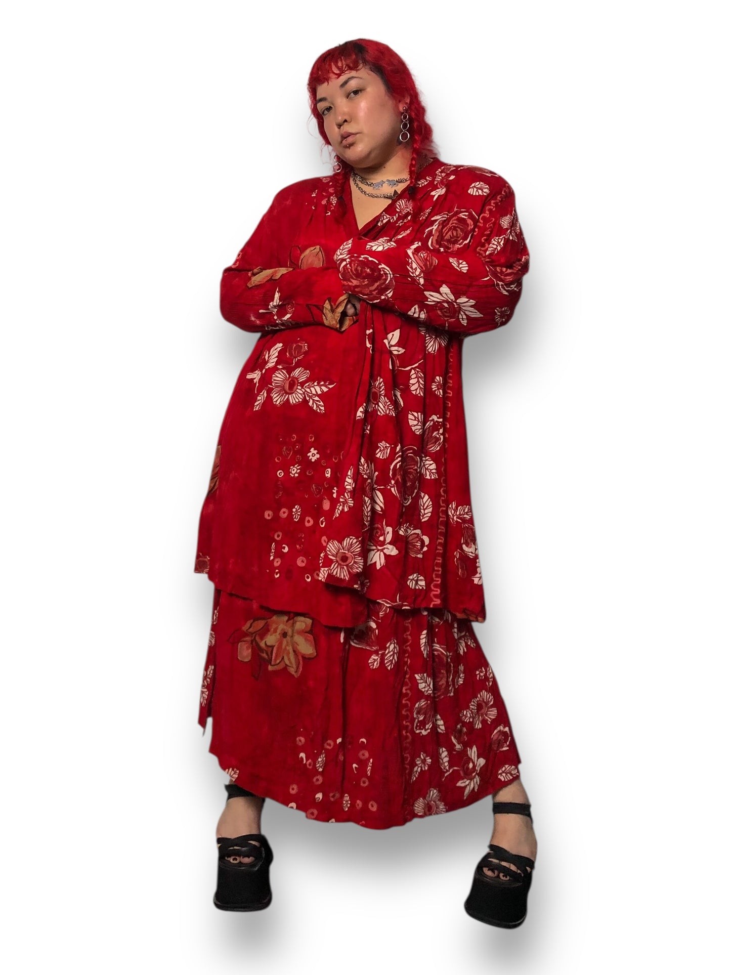 90’s August Max Woman Red Floral Print 2-Piece Set (2X)