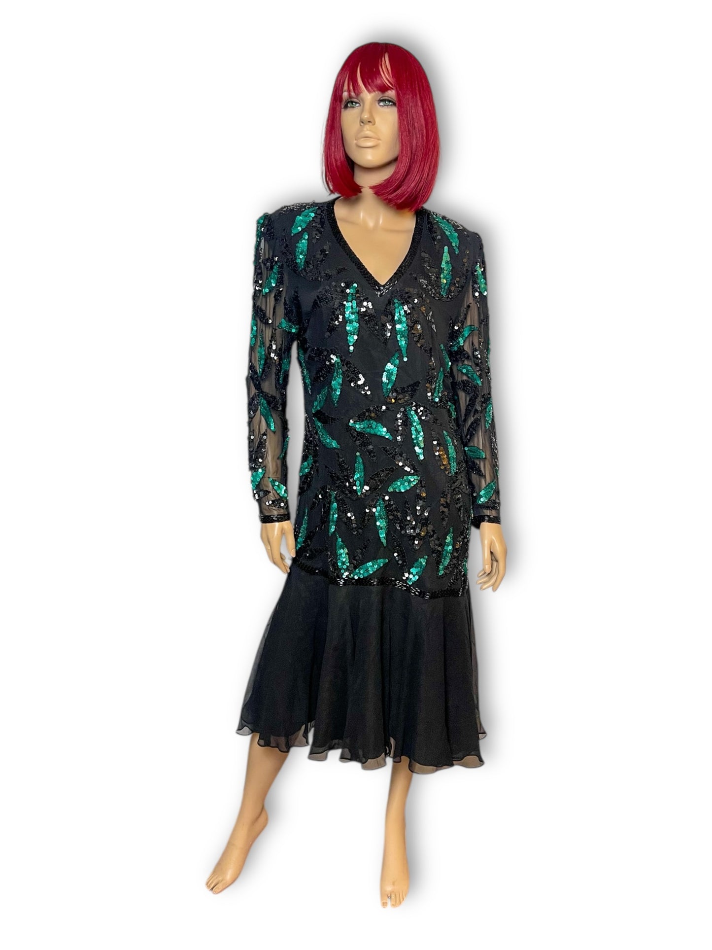 80’s Liz Elana Black and Teal Sequin Cocktail Dress (M)